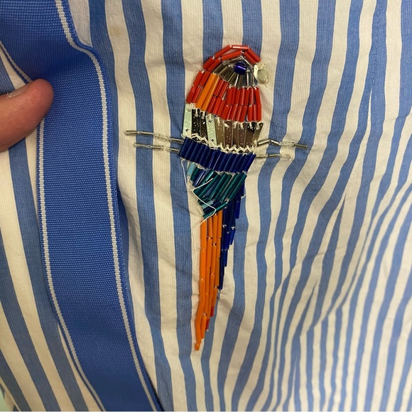 Anthropologie Maeve Tie Back A Line Maxi Dress Striped Blue Beaded Birds 24W - Picture 15 of 16